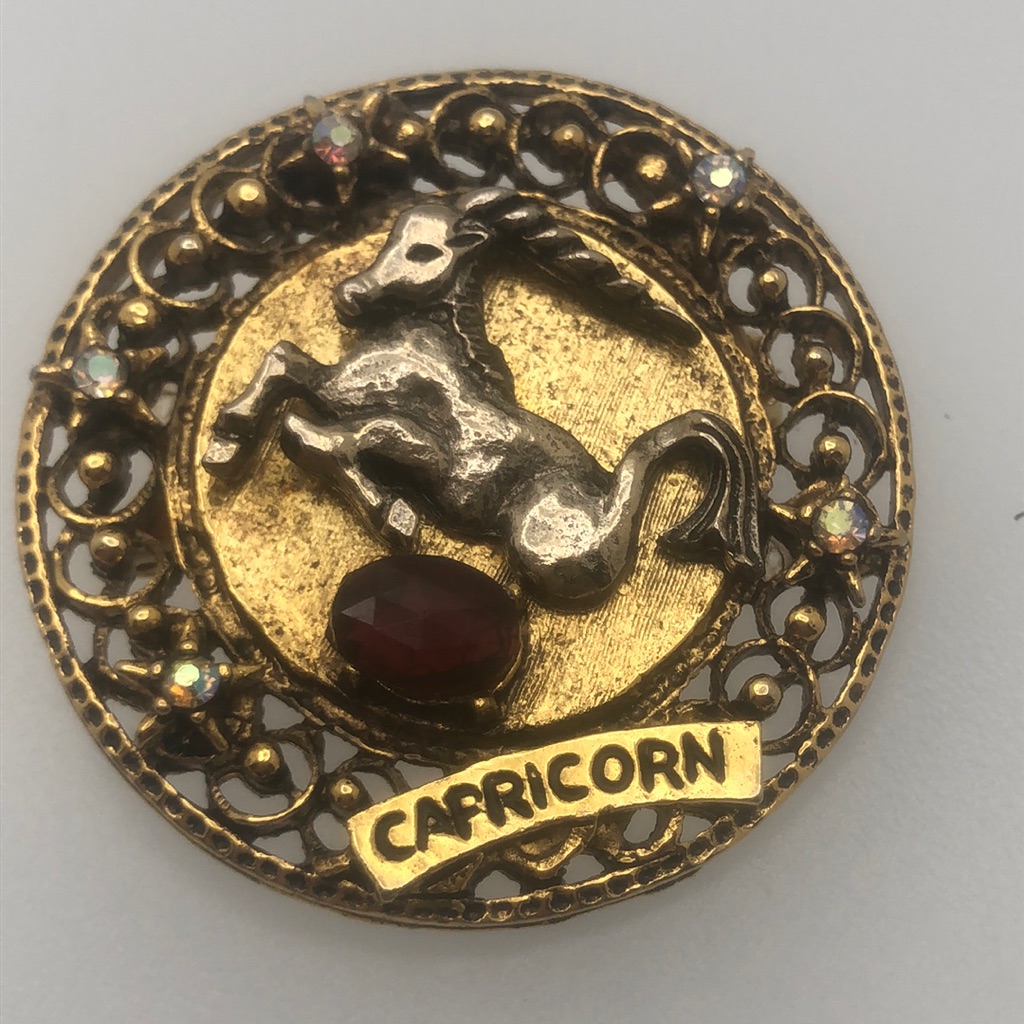 Vintage Capricorn Red & Crystal Rhinestone Brooch Pin Signed Art Arthur Pepper